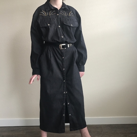 Vtg 80s Dress Denim Jeans Dark Grey - Picture 3 of 8